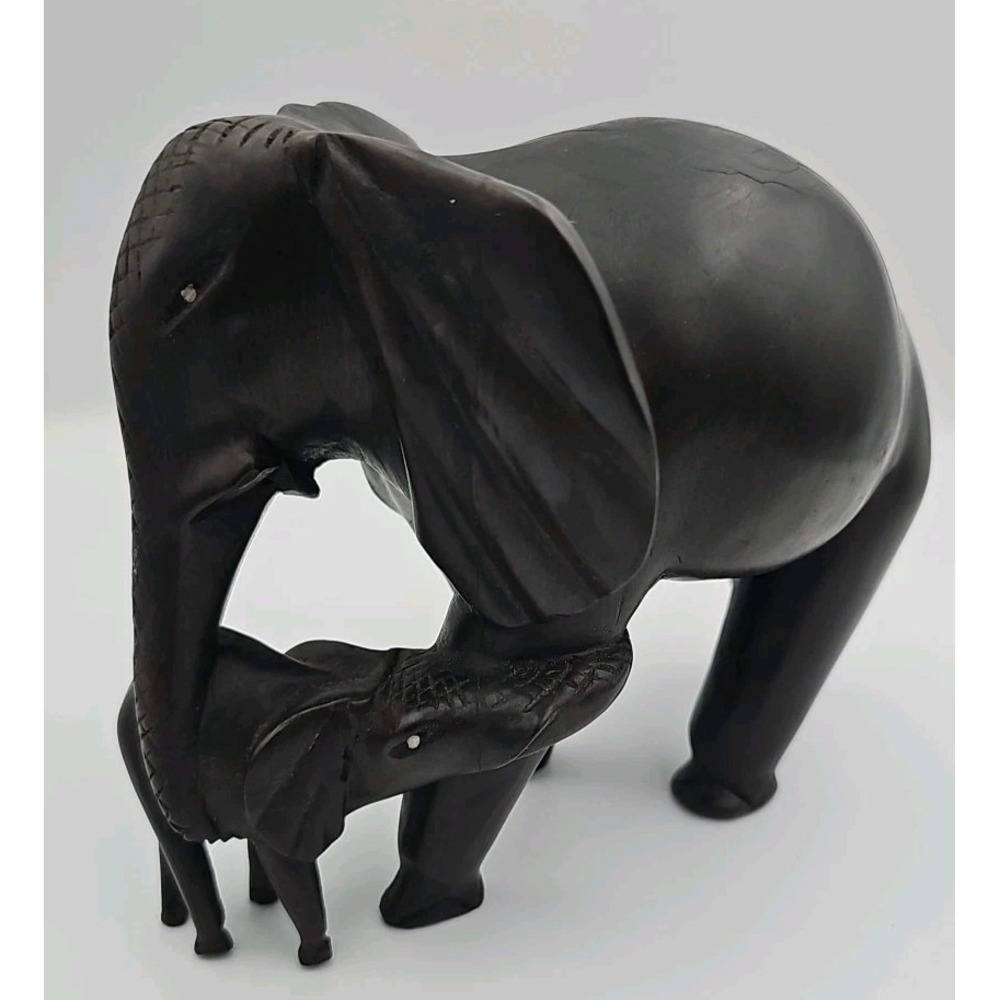 Vintage Ebony Wood Elephant Statue Hand Carved Sri Lanka Mother & Baby 8"